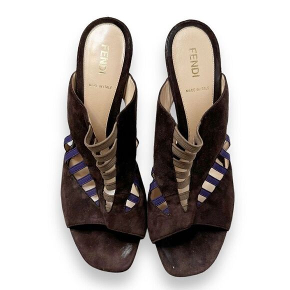 Fendi Sandalo Mix Elastico + Fuoco Art Brown Suede Open Toe Heels Women’s Siz 40 - Picture 3 of 10